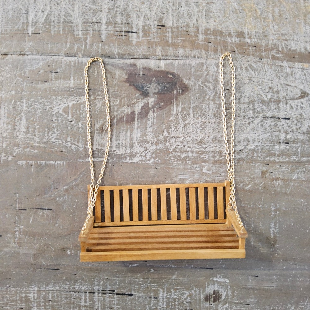 Dollhouse Miniature Porch Swing Brown Wooden Porch Bench Gold Chain Crafting